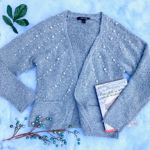 HP! Joe's ❉ Pearl Embellished Boucle Cardigan Sweater in Grey Size L 12-14 - Picture 1 of 8